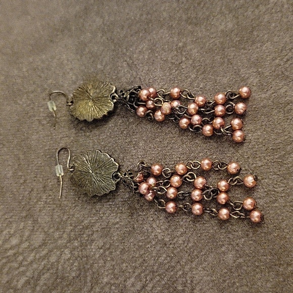 VTG Coquette Cameo Beaded Chain Tassel Bronze Dangle Hook Earrings - Picture 5 of 5